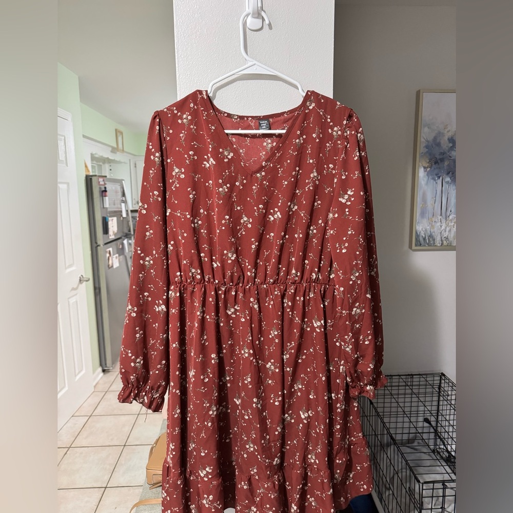 SHEIN Long Sleeve Floral Dress in Rust